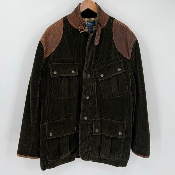 Polo Ralph Lauren Corduroy Leather Hunting Safari Sportsman Jacket Green Men XXL - Picture 1 of 7